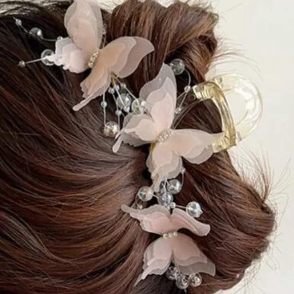 Pink Butterfly Fabric Ornate Hair Claw - Picture 3 of 3